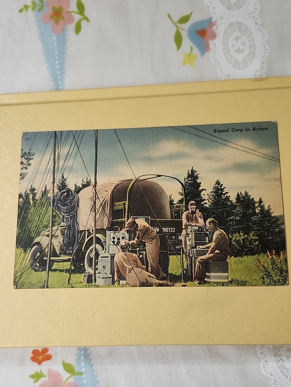 Vintage Linen Postcard Titled "Signal Corps in Action"